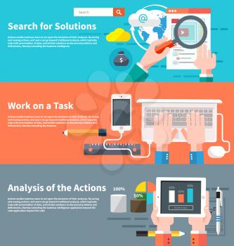 Search for solutions infographic. Concept of businessman using mobile phone for internet browsing, email correspondence and other business task. Analytics information and process of development