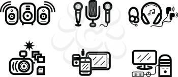 Icon set in black of digital gadgets with speakers, microphones, headphones, camera, smartphone, digital tablet, desktop computer isolated on white background