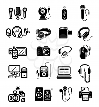 Icon set in black of digital gadgets with speakers, microphones, headphones, camera, smartphone, digital tablet, desktop computer, earpieces, memory stick, mouse, microphone isolated on white backgrou