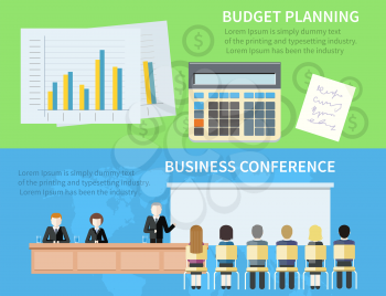 Man presenting development and financial planning on meeting conference. Product presentation. Search for investors concept. Business planning concept in flat style. Budget planning concept