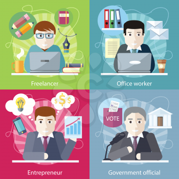 Set of concept work employed freelancer. Government official, office worker, employment and entrepreneur, business job, career and entrepreneurship, workspace in flat design