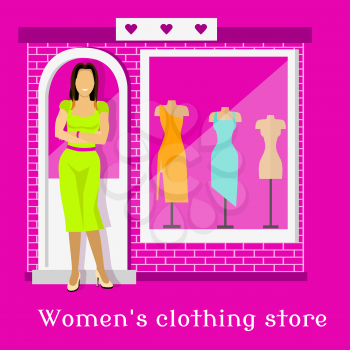Woman clothing urban store design. Dress shopping, shop building, house architecture, facade window, boutique place, business front, showcase and consumerism illustration