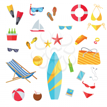 Accessories for the summer holidays design flat. Ball for beach volleyball, life buoy and flip-flops, sunglasses and inflatable ice cream man isolated on white background. Vector illustration