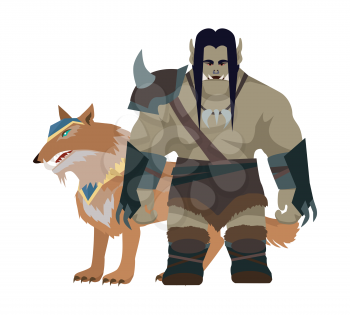 Cartoon monster orc with wolf. Orc warrior. Stylized fantasy character. War concept. For computer games, mobile appliances. Part of series of game objects in flat design. Vector illustration.