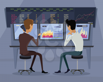 Modern online trading on stock exchange concept. Flat style design Monitoring of value indexes. Online trading technology. Brokerage trading on the web vector. Flat style design. Businessman at work.