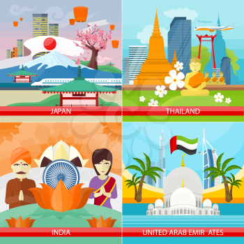 Set of traveling concepts. Flat design. Collection of Japan, Thailand, India, United Arab Emirates posters. Countries attraction and architecture illustrations. Summer vacation in Asia.