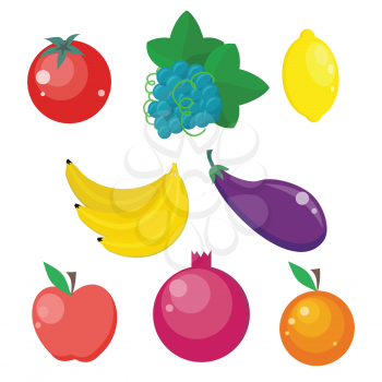 Set of fruits and vegetables vectors. Flat design. Healthy vegetarian food products. Tomatoes, grape, lemon, banana, eggplant, apple, pomegranate, orange illustrations Isolated on white background