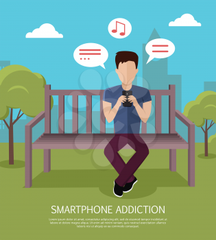 Smartphone addiction banner. Man whis smartphone sitting on wooden bench in the park. Man with dialog windows. Man using phone. Urban cityscape with man, park, bench, trees, blue sky and clouds.