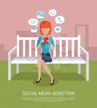 Social media addiction banner. Woman whis smartphone sitting on wooden bench in the park. Woman with dialog windows. Woman using phone. Urban cityscape with woman, park, bench, trees, blue sky, clouds