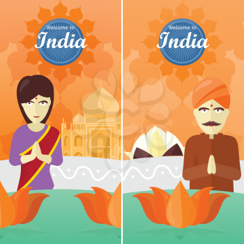 Welcome to India, tourism poster design with attractions. India landmark. Indians in traditional dress. Ashoka wheel. Taj Mahal and lotus sign.Travel composition with famous landmarks