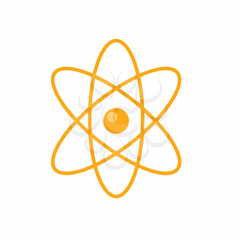 Atom core with electrons orbits vector in flat style design. Nuclear power.  Illustration for scientific and educational concepts. Quantum physics. Microscopic particle. Isolated on white background