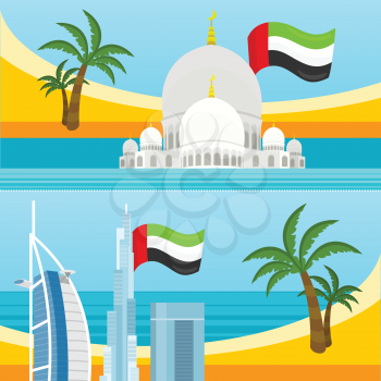 Set of United Arab Emirates tourism posters design with attractions. Emirates landmark with flag. Emirates travel poster design. Travel composition with Sheikh Zayed Mosque, palm trees, beach and sea