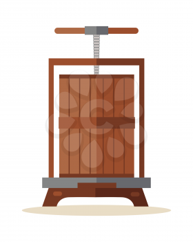 Traditional wooden press for grapes. Old wine press icon. Manual grape crushing machine. Old juice squeezer. Isolated object in flat design on white background. Vector illustration.