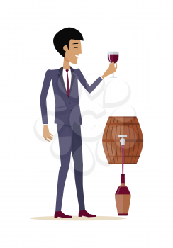 Man with wine in alcohol department store. Consumer tastes wine from wooden barrel. Choosing and buying a bottle of wine for tasting. Part of series of viniculture production and preparation. Vector