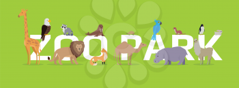 Zoo park vector concept. Flat style. Horizontal banner with exotic wild animals illustrations. Birds and mammals standing, sitting, lying on green background and letters. For zoo ad, web design  