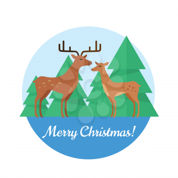 Merry christmas vector concept in flat design. Fallow deers couple, female and male standing on background of spruce trees. Northern flora and fauna motif. For greeting cards, advertising, web design