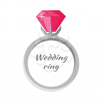 Beautiful wedding ring with red gemstone. Engagement ring with red gem. Ring icon in flat. Beautiful red ruby. Precious ring with red gem. Isolated vector illustration on white background.