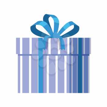 Single blue gift box with blue ribbon in flat design. Beautiful present box with overwhelming bow. Gift box icon. Gift symbol. Christmas gift box. Isolated vector illustration