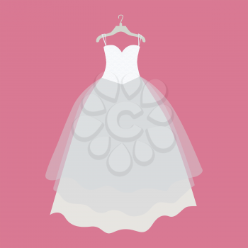 Wedding dress vector. Flat design. Elegant white dress for bride hanging on hanger. Preparing to marriage ceremony. For wedding clothes shop, holiday planning companies ad