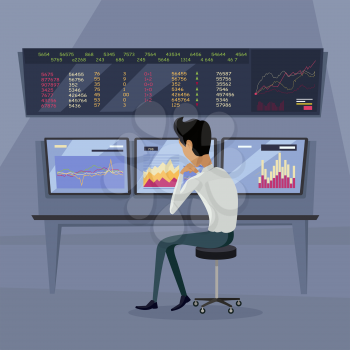 Modern online trading on stock exchange concept. Flat style design Monitoring of value indexes. Online trading technology. Brokerage trading on the web vector. Flat style design. Businessman at work.