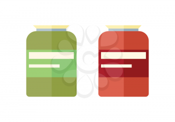 Two glass banks with yellow covers. Red and green glass bank icon. Retail store element. Bank object. Bank food sign. Simple drawing. Isolated vector illustration on white background.