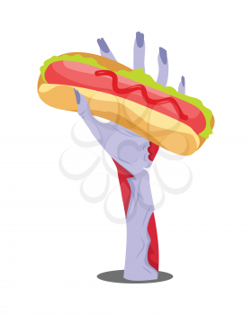 Zombie hand appears with hot dog isolated on white. Hungry zombie. Horrible arm of undead creature has snack. Halloween concept in flat style. Science fiction cartoon illustration. Vector illustration