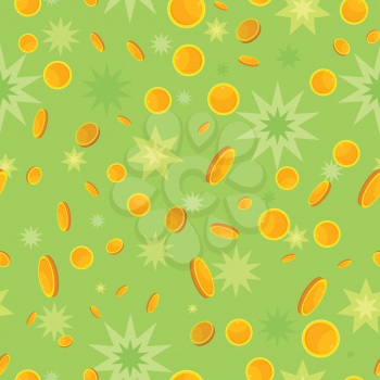 Seamless pattern with golden coins falling down and star splashes. Cartoon style. Golden money. Business success, bank credits, deposit, investment, saving, fortune concept. Modern flat design. Vector