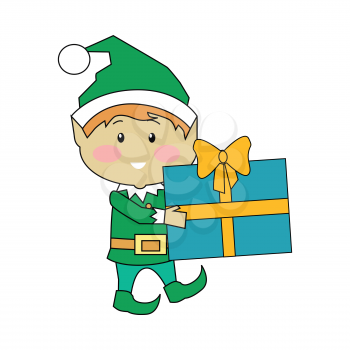 Fairy elves with christmas presents. Flat design vector. Funny Christmas elf in green suits holding, counting, carrying gift boxes with stripes. Winter holidays celebrating symbols. On white