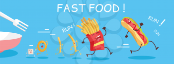 Fast food conceptual banner. Funny food products run from the plate. Fries, donuts, hot dog characters in cartoon style. Happy meal for children. For childish menu poster. Vector design illustration