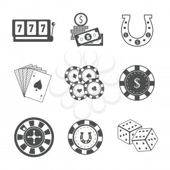 Set of Gambling Accessories vector. Flat style. Slot machine, horseshoe, chips cards, dice, money roulette Illustrations for gambling industry, sport lottery services, icons, web pages, logo design.