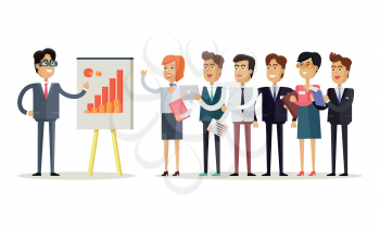 Team work concept vector in flat style. Office workers standing in a row in front of the head, which shows indexes on the board. Business presentation. Illustration for corporate ad, infographics.