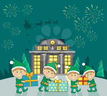 Winter holidays shopping concept vector. Flat design. Funny fairy elves packing presents in colored boxes near mall building, fireworks and Santa s sleigh in sky. Christmas and New Year celebrating