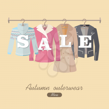 Autumn sale vector web banner. Flat design. Women s jacket, coat, cloak, sweater hanging on the hangers. Seasonal discounts in clothing store concept. For boutique promotions landing page design 