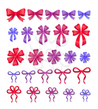 Set of decorative bows. Big set of gift bows with ribbons. Vector cartoon illustration of bows and ribbons of different shapes and sizes. Flat style design. Soft colors. Present bows decor collection