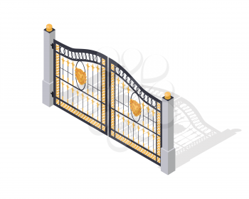 Iron gates opens and closes from the middle isolated on white. Fence with columns. Isometric projection. Metal gates, wrought iron, lattice and golden gates and fences for yard. Flat style. Vector