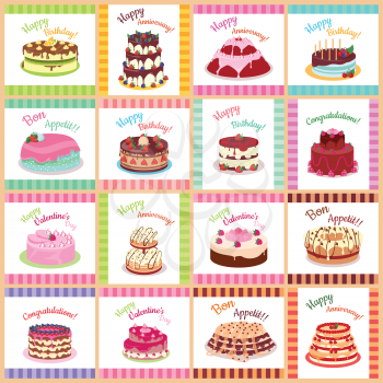 Tasty celebratory cakes. Decorated with colored frosting, fruits, chocolate, cream cakes flat vector illustrations on colorful striped background. For greeting card, wrapping paper