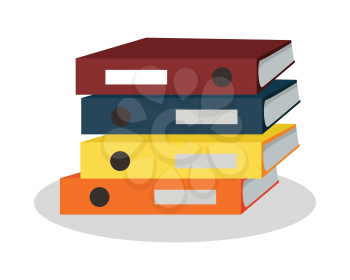 Pile of colorful binders. Large number of business documents with bookmarks. Paper work, office routine, bureaucracy concept. Flat design. Illustration for data, e-mail, management, services.