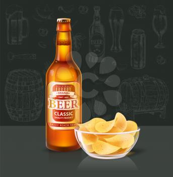 Craft beer in bottle and chips in glass bowl. Alcohol drink of hop, barley or yeast, potato fast food crispy snack realistic 3D vector illustration.