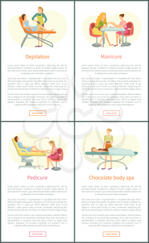 Depilation and pedicure service posters set with text vector. Epilation with wax stripes, chocolate body spa relaxation of client. Beauty service