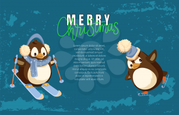 Merry Christmas penguin skiing active winter hobby vector. Poster with text sample, animal wearing scarf and hats, warm clothes protection from cold
