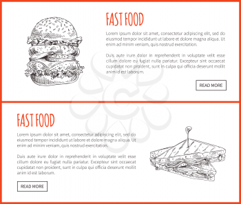 Fast food sandwich and hamburger tasty appetizer, framed vector illustration with text sample, huge juicy burger and toasted buns with cheese and meat