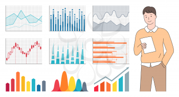 Worker character holding paper, closeup view of man with graph report, charts icons, colorful rising arrows and schematic on cells, statistic data vector
