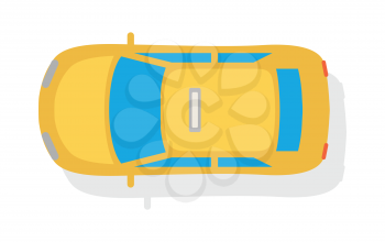 Taxi car top view icon. Yellow taxicab sedan with checker top light box on roof flat style vector illustration isolated on white background. For taxi service app, transport company ad, infographics 