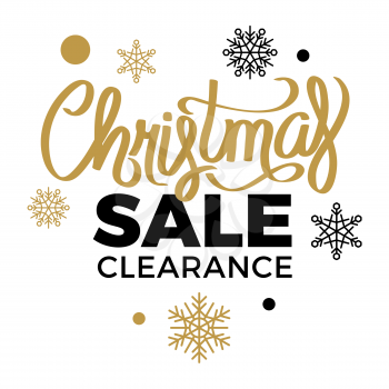 Christmas Sale Clearance big sign on sale promotion poster on white background with black and golden snowflakes. Isolated vector illustration of advertisement signboard winter discount logotype