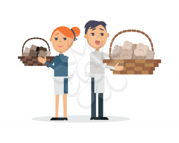 Truffles sellers with mushrooms in wicker baskets. Smiling red-head woman and brunet man in apron standing and holding basket with rare tasty culinary delicasy flat vector isolated on white background