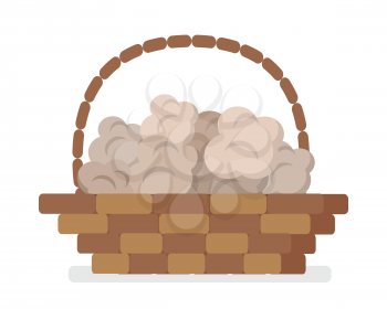 Wicker basket full of white truffles flat style vector illustration isolated on white background. Rare tasty mushrooms. Expensive restaurant delicacy. French, italian national cuisine ingredient
