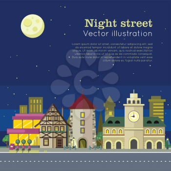 Night city vector illustration web banner. City street at day and night. Urban city landscape. Building architecture in unusual fashionable design. Modern town. Metropolis panorama. Flat style poster