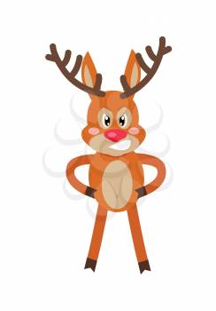 Angry deer cartoon. Gloomy horned reindeer standing with arms in akimbo, clenched teeth, mad eyes flat vector illustration isolated on white background. For icons, emotions concepts, logo, web design