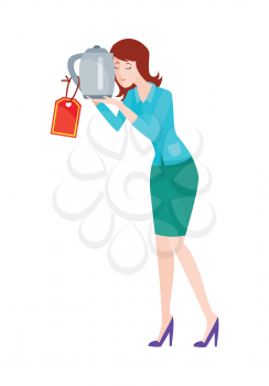 Discounts in electronics store concept. Smiling woman standing with kettle  bought on big sale flat vector illustration on white background. Shopping on home appliances sellout. For shop promotions ad