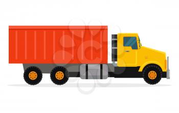 Delivery tipper truck transportation. Tipper with yellow cabin and orange vehicle. Cargo truck. Tipper dumper business truck transportation sand. Vector illustration in flat style design.